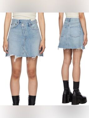 Agolde Light Blue Distressed Criss Cross  Denim Mini Skirt 28